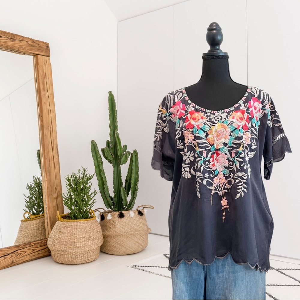 Johnny Was Jenn Floral Embroidered Short Sleeve Top
